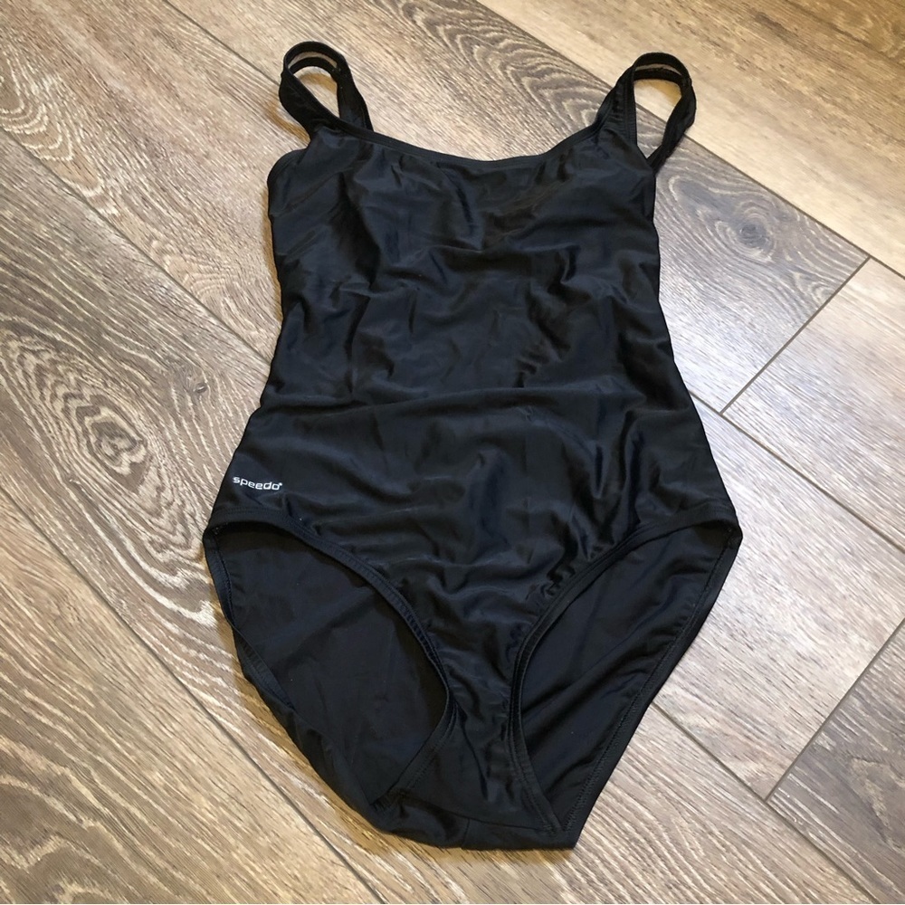 Vintage Speedo One Piece Swim Suit Sz 12 Black High Thigh, Low Back EUC Sporty